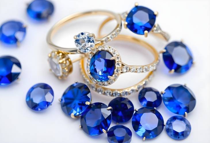 Sapphire Showcase Rings and Earrings on White Canvas